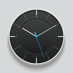 Creative black clock in realistic flat style, with color arrow and numbers. Watch on white background. Business time. Vector design element for you project