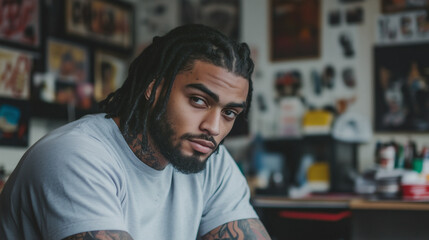 A confident young man with dreadlocks sits in a creative studio, showcasing his tattoos while surrounded by colorful artwork and artistic paraphernalia
