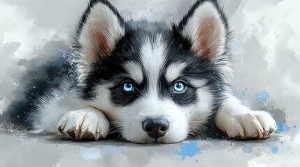 Naklejka premium Uroczy szczeniak syberyjskiego husky o zachwycających niebieskich oczach i czarno-białym futrze w pozycji leżącej, artystyczny portret w stylu akwarelowym na delikatnym szarym tle z niebieskimi akcentami.