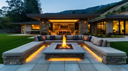 Minimalist outdoor garden house with a pergola-covered lounge and a modern fire pit.