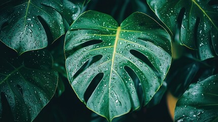 Fototapeta premium A close-up of a monstera leaf glistening with raindrops, displaying vibrant greens and hints of yellow under soft, diffused light.
