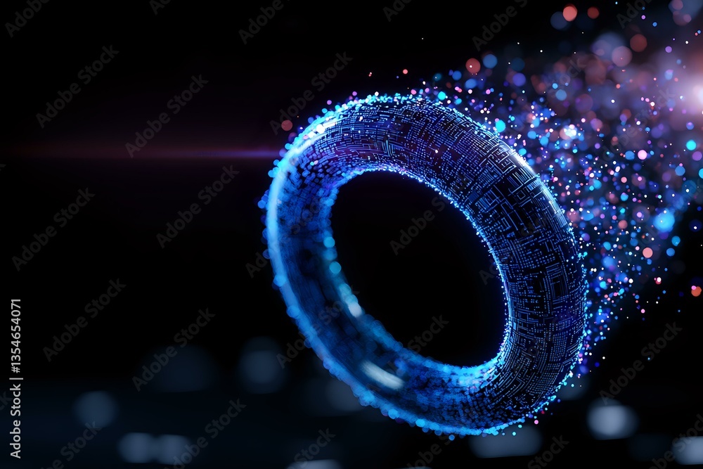 Poster glowing blue ring shape with sparkling particles and bokeh effects against dark background creates m