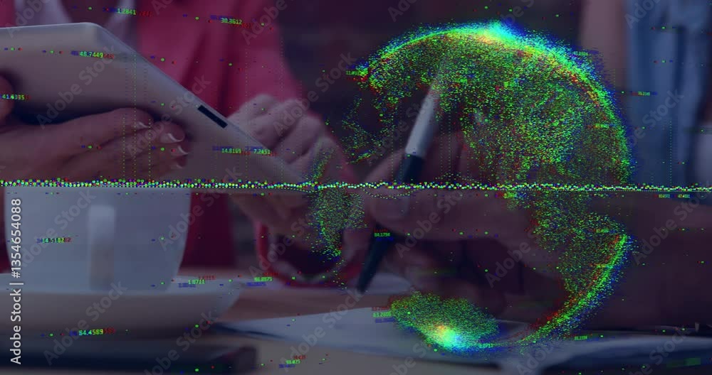 Poster digital globe animation over people collaborating with tablets and documents