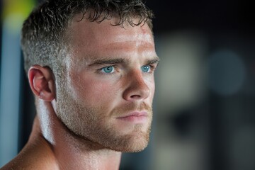 Obraz premium Sweaty Skin Blue Eyed Intensity Close Up Of Young Man Post Workout Fair Skin, Light, Short Hair, Focused Gaze In This Stunning Image