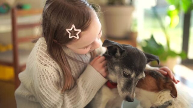 7 year old girl hugs two cute dogs