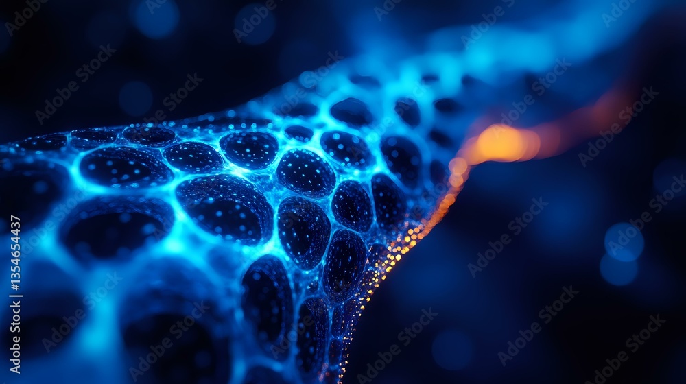 Poster glowing blue neural network with orange light path showing artificial intelligence and deep learning