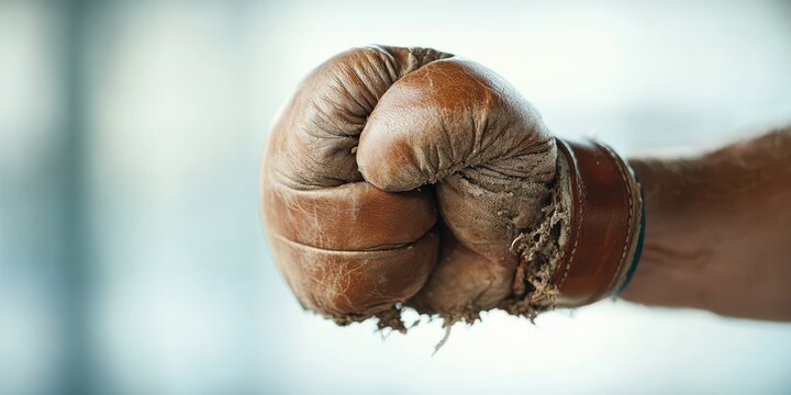 Vintage Boxing Glove Close Up Aged Leather Fist With Brown Strap, Showing Wear And Tear, Captured In Powerful Close Up Image Displays Weathered Leather Glove, Its Wrist Meticulously Secured - Powered by Adobe