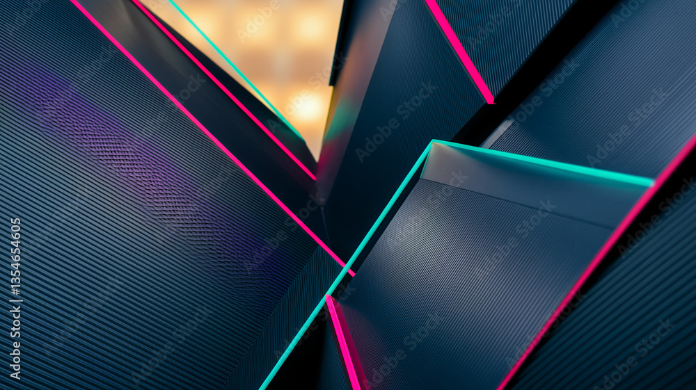 Poster abstract image of dark textured surfaces intersected by bright pink and teal lines creating a dynami
