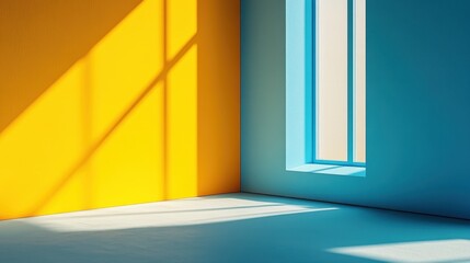Bright and Colorful Interior Space with Blue and Yellow Walls and Soft Natural Light Streaming Through Windows