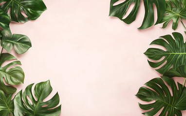Monstera Deliciosa Leaves Frame on Pale Pink Background, Tropical Plant Backdrop
