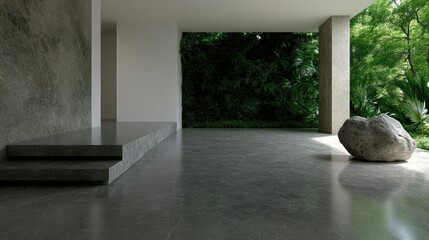Naklejka premium Modern minimalist outdoor patio design with concrete steps and large stone