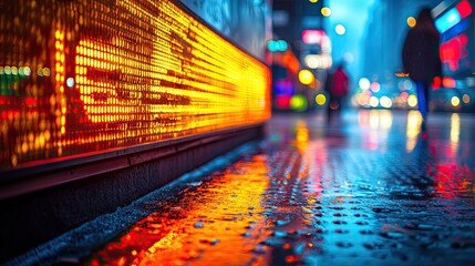 Obraz premium Illuminated city sign reflecting on wet pavement. Night time pedestrians. Stock Photo