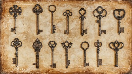 A collection of antique keys arranged on aged parchment.
