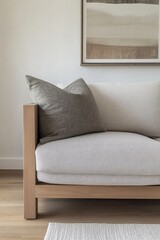 Modern, minimalist wooden couch with neutral tones