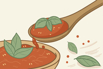 7 Wooden spoon, tomato sauce, fresh basil leaf, Italian cuisine, vibrant colors, macro photography, food styling, appetizing, culinary detail, glossy texture, organic ingredients, rustic charm, gourme