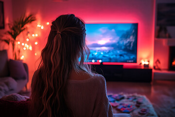 Naklejka premium A cozy scene of a family spending quality time together, gathered in their living room while either watching TV or playing a board game.