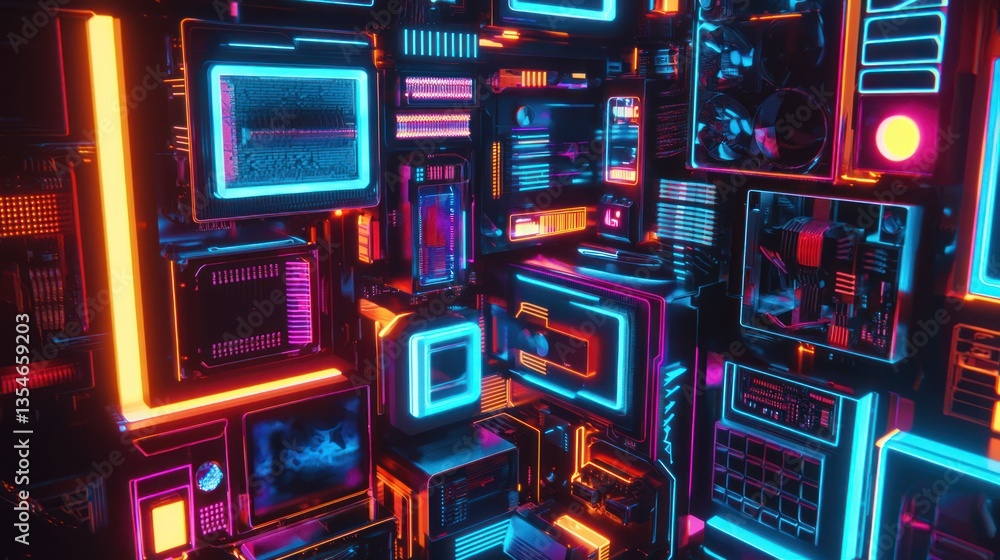 Poster a collection of neon-lit computer components arranged in a futuristic design.