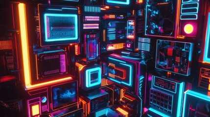 Fototapeta premium A collection of neon-lit computer components arranged in a futuristic design.