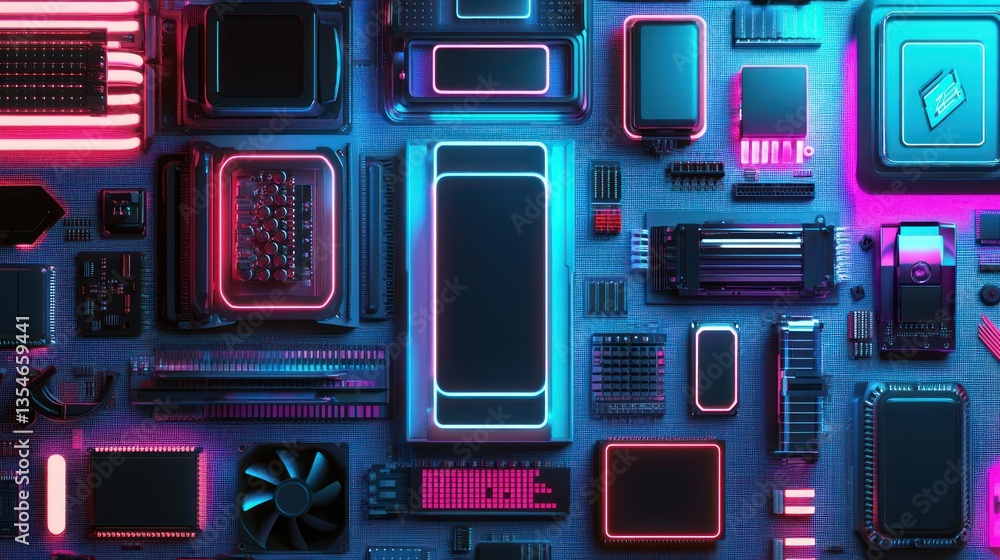 Poster a collection of neon-lit computer components arranged in a futuristic design.