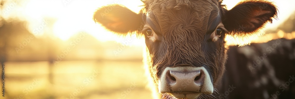 Aufkleber close-up of a gentle cow face illuminated by warm sunlight in a rural farm setting with a soft, eleg