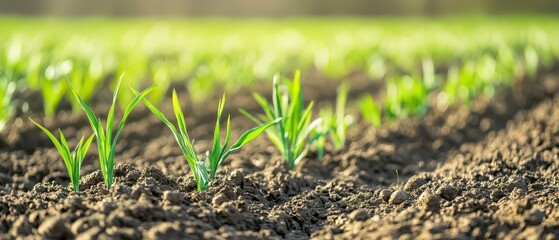 Young green plants sprouting in fertile soil