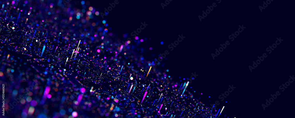 Poster Macro of quantum computing technology. Digital patterns of big data. Microworld of LLM AI learning process. Nano technology presentation. 3d render illustration