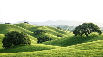 Fototapeta premium Lush Green Rolling Hills Under Bright Sky with Trees and Gentle Slopes in Scenic Natural Landscape