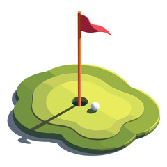Isometric view of a golf hole with a flag and a ball on a green surface