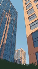 Obraz premium Urban skyscrapers, low angle view, city buildings, sunny day, background foliage, possible stock photo