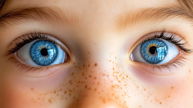 Naklejki Close-up of a child's bright blue eyes and freckled face.
