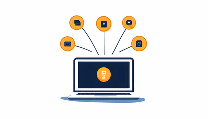Laptop centrally connected to various application icons, signifying data integration and centralized management
