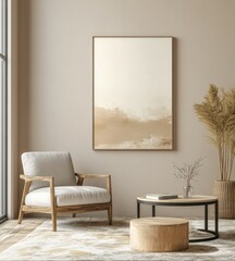 Calm living room with beige armchair, wooden coffee table, and abstract art.