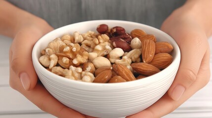 Hands holding bowl of mixed nuts, ceramic bowl with superfoods nut
