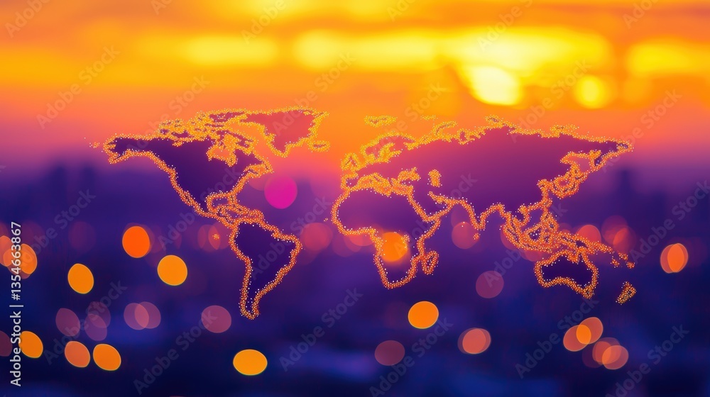 Aufkleber a colorful abstract representation of a world map with vibrant bokeh effects, set against a sunset b