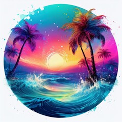 beautiful palms banner with palm trees and ocean waves and water splashes; exotic travel to tropics template