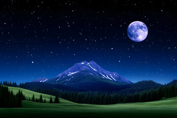 Obraz premium Majestic mountain peak under a full moon and starry night sky