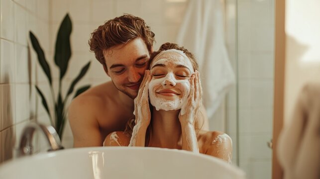 A couple doing their skincare routine together in the bathroom.