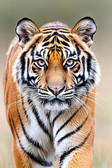Obraz premium Majestic tiger walking toward camera, intense gaze
