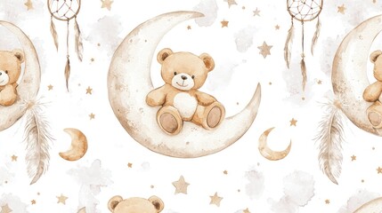 Adorable Teddy Bears on the Moon: Watercolor Nursery Print