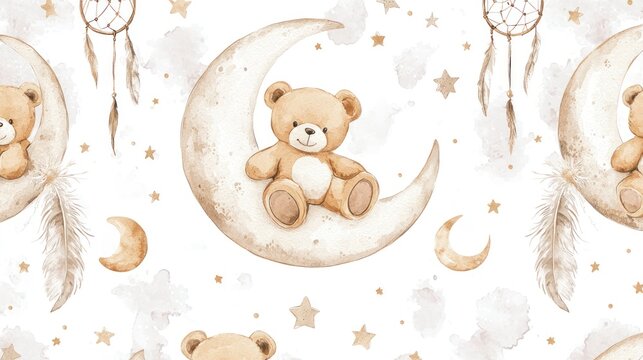 Adorable Teddy Bears on the Moon: Watercolor Nursery Print