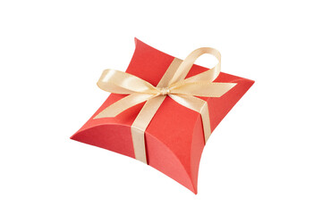 red gift present box with golden ribbon bow isolated on white or transparent png