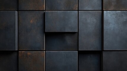 Dark, textured, square panels.  Rustic, industrial aesthetic