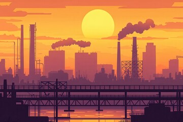 Fototapeta premium Industrial Skyline at Sunset with Pollution and Silhouettes