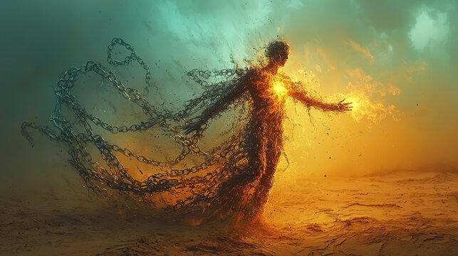 Human figure in dynamic motion illustrating the emotional extremes of bipolar disorder with radiant energy and invisible chains