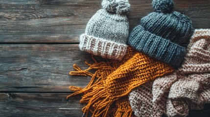 A cozy still life featuring hand-knitted scarves, mittens, and hats artfully arranged on a wooden table, with soft natural light to enhance the textures.