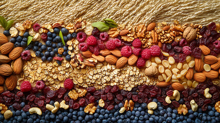 Healthy food arranged in pleasing flat lay design, evokes feelings of abundance. Perfect for breakfast or snack time, looks delicious