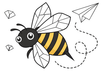 8 Paper craft bee, origami insect, black and yellow striped body, geometric shapes, large googly eyes, simple wing design, minimalist art, white background, creative DIY, children's craft project, mac