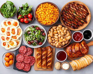 Overhead view of a variety of delicious appetizers and side dishes, including sausages, salads, corn, beans, and eggs, arranged on a gray surface