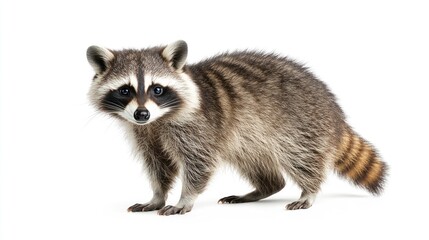Raccoon portrait against white background. Possible use wildlife, education