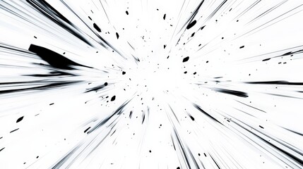 A dynamic explosion of lines and particles radiating outward, creating a sense of movement and energy against a white background.